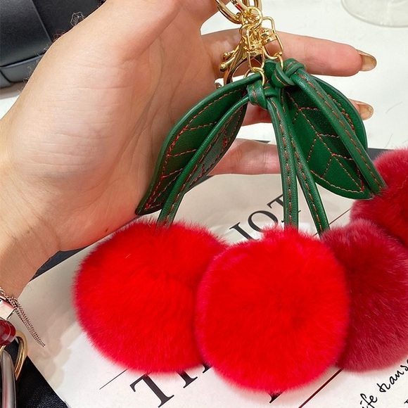 Real Rabbit fur pompom keychain, Gold Ring Fluffy Red Cherry - KC042 Red Cherry - Picture 2 of 2